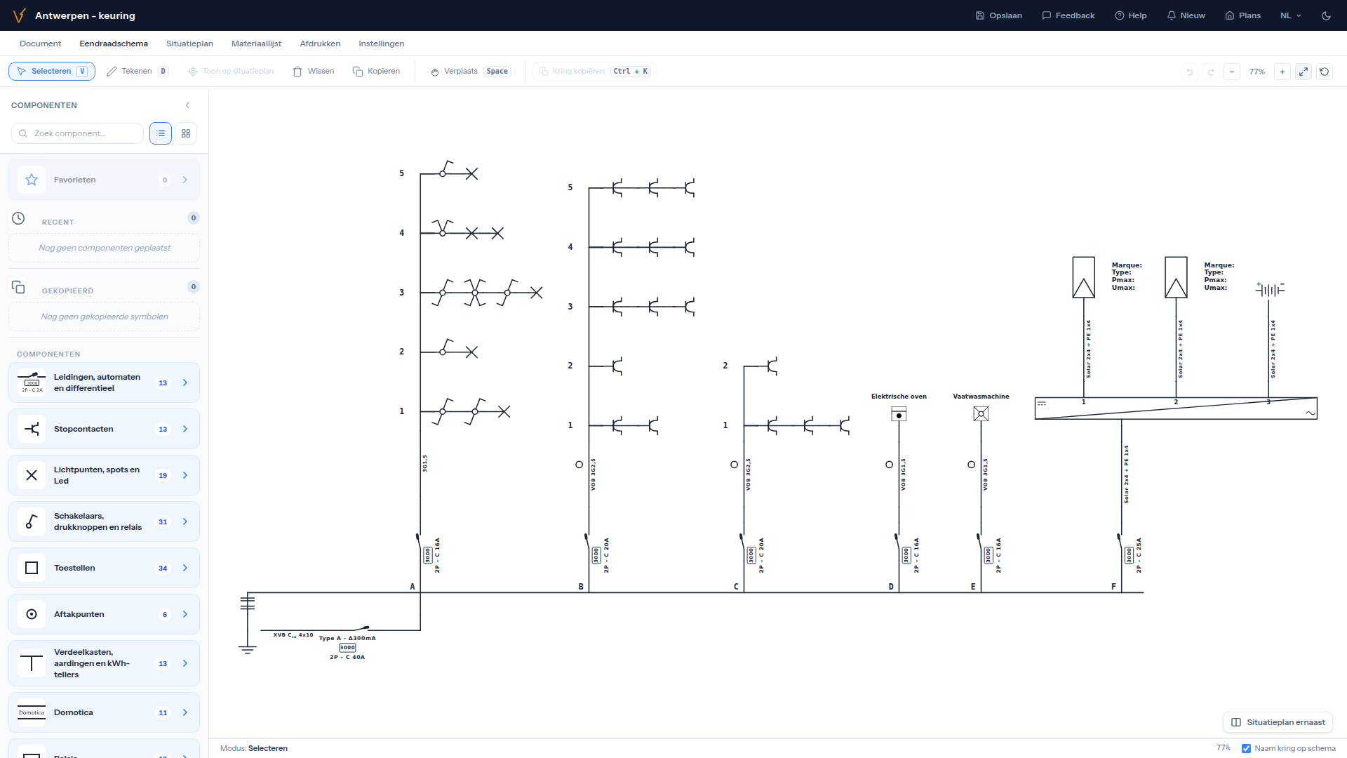 Eendraadschema editor met componentenbibliotheek