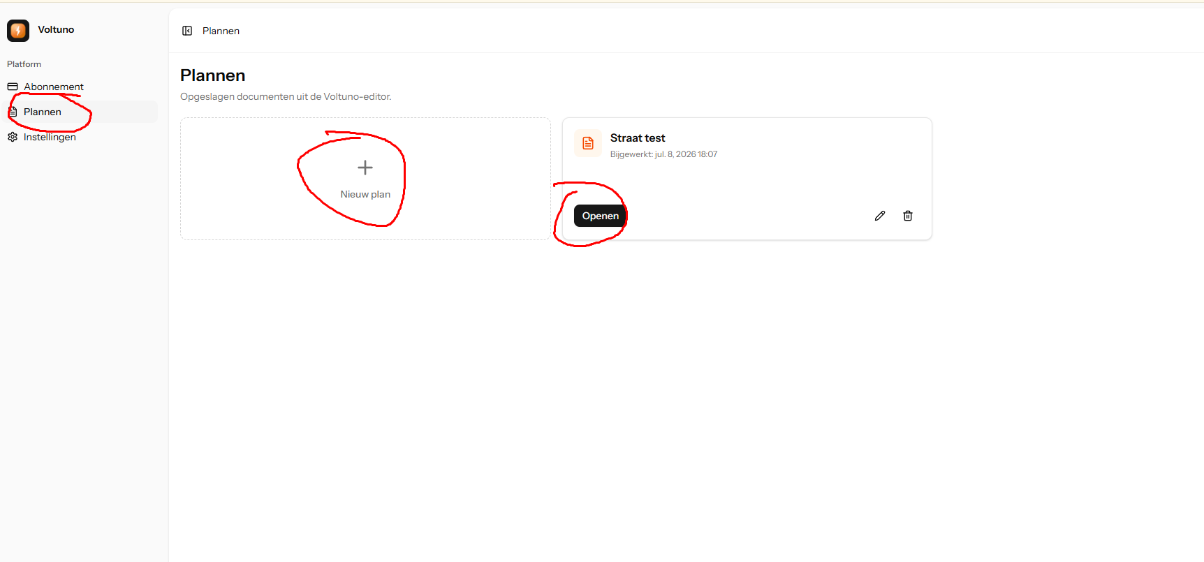Projects overview with a New plan button and an existing project card.