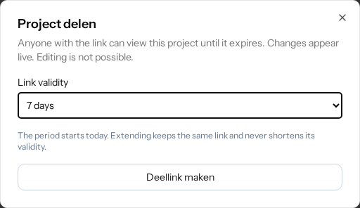 Sharing window with a duration selector and a button to create a sharing link.