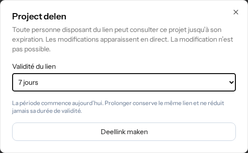 Fenêtre de partage avec le choix de la durée et le bouton de création du lien.