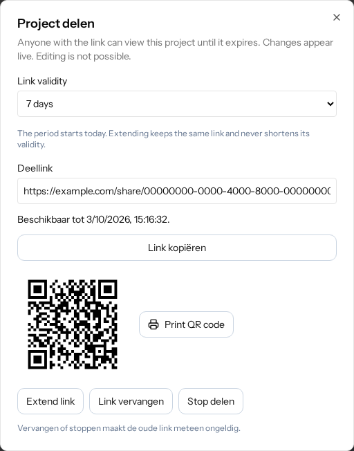 Example sharing link with a copy button, QR code and controls to extend, replace or stop sharing.