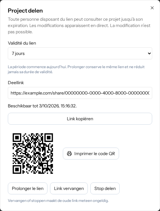 Exemple de lien de partage avec bouton de copie, code QR et boutons pour prolonger, remplacer ou arrêter le partage.