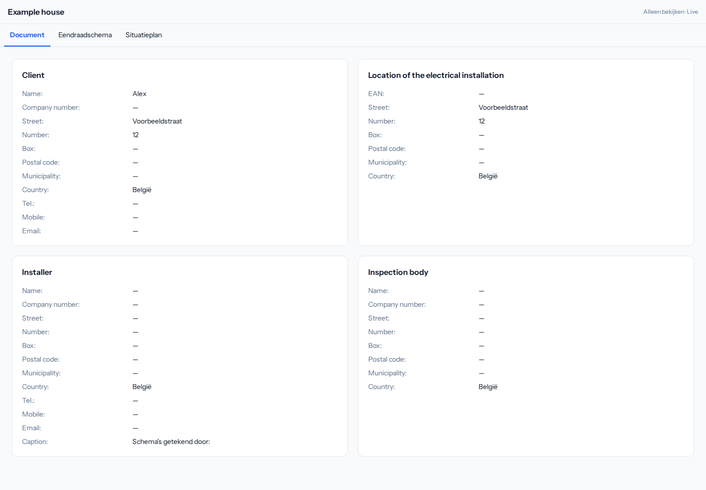 Example shared view with Document, Single-line diagram and Site plan tabs and a view-only status.