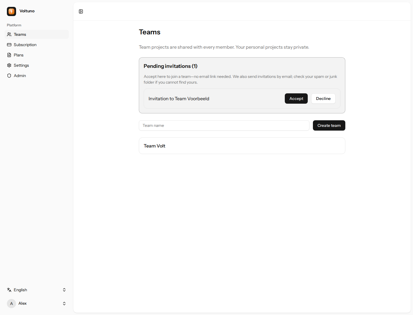 Teams page showing an invitation, the Accept button and the Team name field.