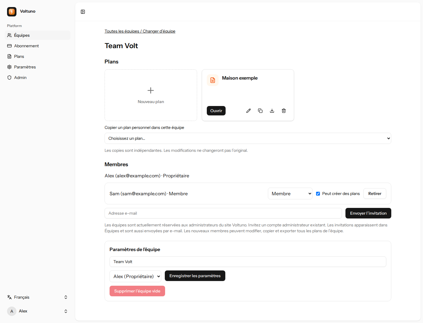 Team Volt avec un plan partagé, le membre Sam et le champ pour envoyer une invitation.