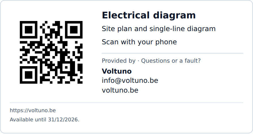 Voltuno QR card preview with an electrical plan QR code, company contact details and link expiry.