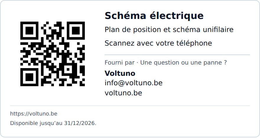 Aperçu d’une carte QR Voltuno avec le code du schéma électrique, les coordonnées de l’entreprise et la date d’expiration.