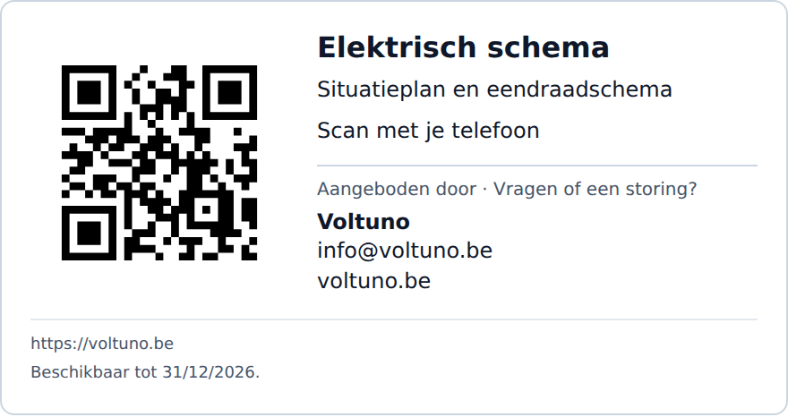 Voorbeeld van een Voltuno QR-kaart met QR-code voor het elektrisch schema, bedrijfsgegevens en vervaldatum.